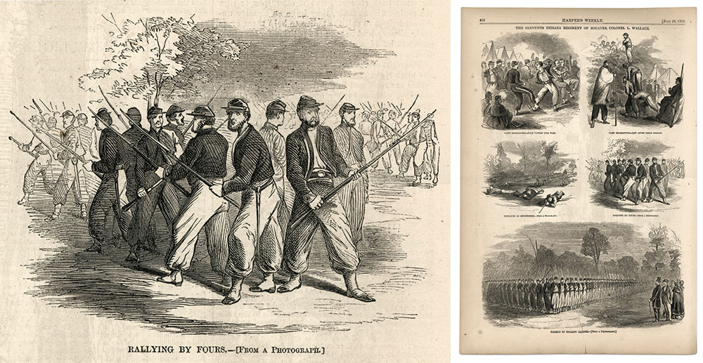 Zouaves in action: Published in Harper’s Weekly on July 20, 1861, three engravings—two in the center and one below—depict Wallace’s Zouaves in various formations. Accompanying text notes the images were created “from photographs sent us from the West,” adding, “The illustrations of the drill and manœuvres—from photographs—are quite striking.” Two more engravings, at the top of the page, were sketched by James Farrington Gookins (1840-1904), a musician in the 11th.