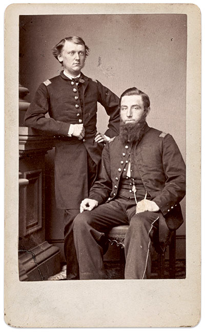 Cooper, standing, pictured in late 1861 as a second lieutenant in Company D of the 82nd New York Infantry. Sitting next to him is Capt. Louis Schaffner (1827-1914) of Company A. They had previously served together in the 7th New York State Militia. Carte de visite by an unidentified photographer. The Medford Historical Society Civil War Photograph Collection.