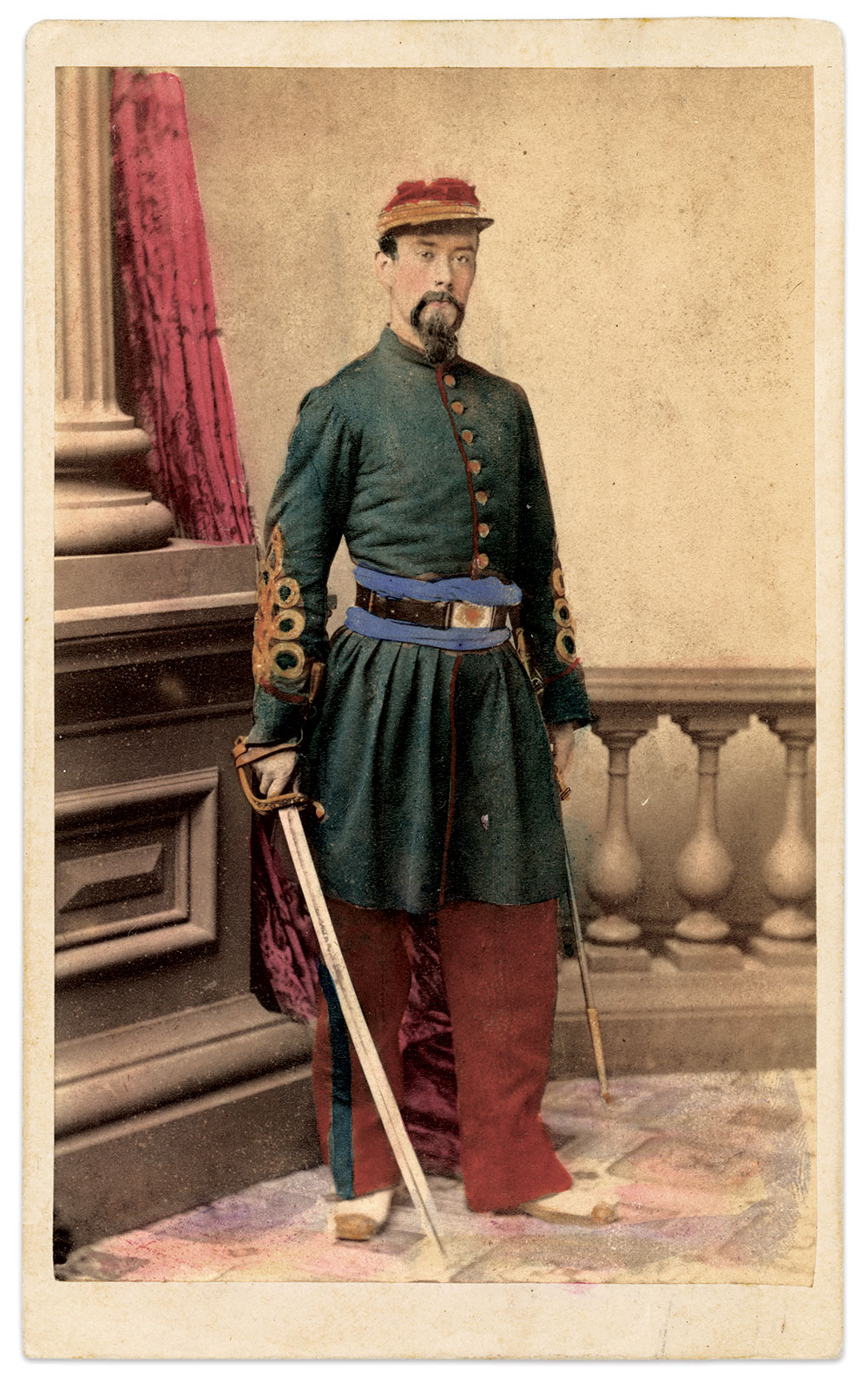 Felt, pictured as a first lieutenant in the 55th New York Infantry, also known as the Gardes de Lafayette. Formed by French immigrants before the Civil War, its members dressed in a Zouave uniform inspired by their home country. Carte de visite by an unidentified photographer. Dale R. Niesen Collection.