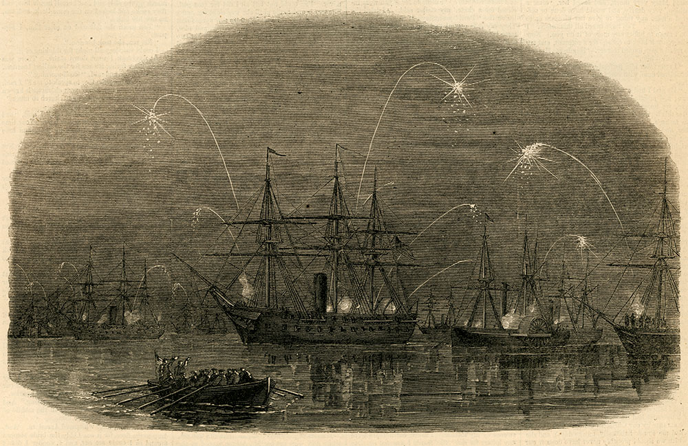 The February 4, 1865, issue of Harper’s Weekly captured Rear Adm. David D. Porter's fleet celebrating the victory at Fort Fisher by firing off its supply of Coston’s Rockets. Military Images.