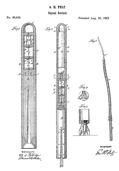 Felt’s August 1863 patent combined a rocket with a Roman candle, balloon suspension, and spiral exhaust, enabling sequential colored signals, longer visibility, and greater stabilization. Before the end of the year, he received a second patent for a signal rocket code. Google Patents.