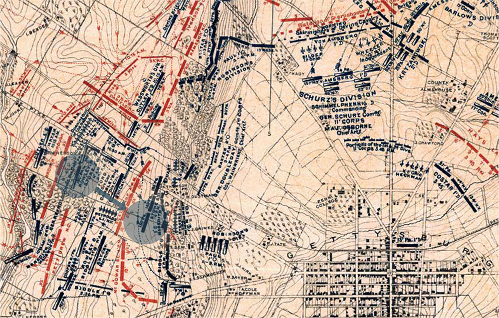In the thick of the fray: Position of the 150th as the regiment fell back towards Gettysburg. Library of Congress.